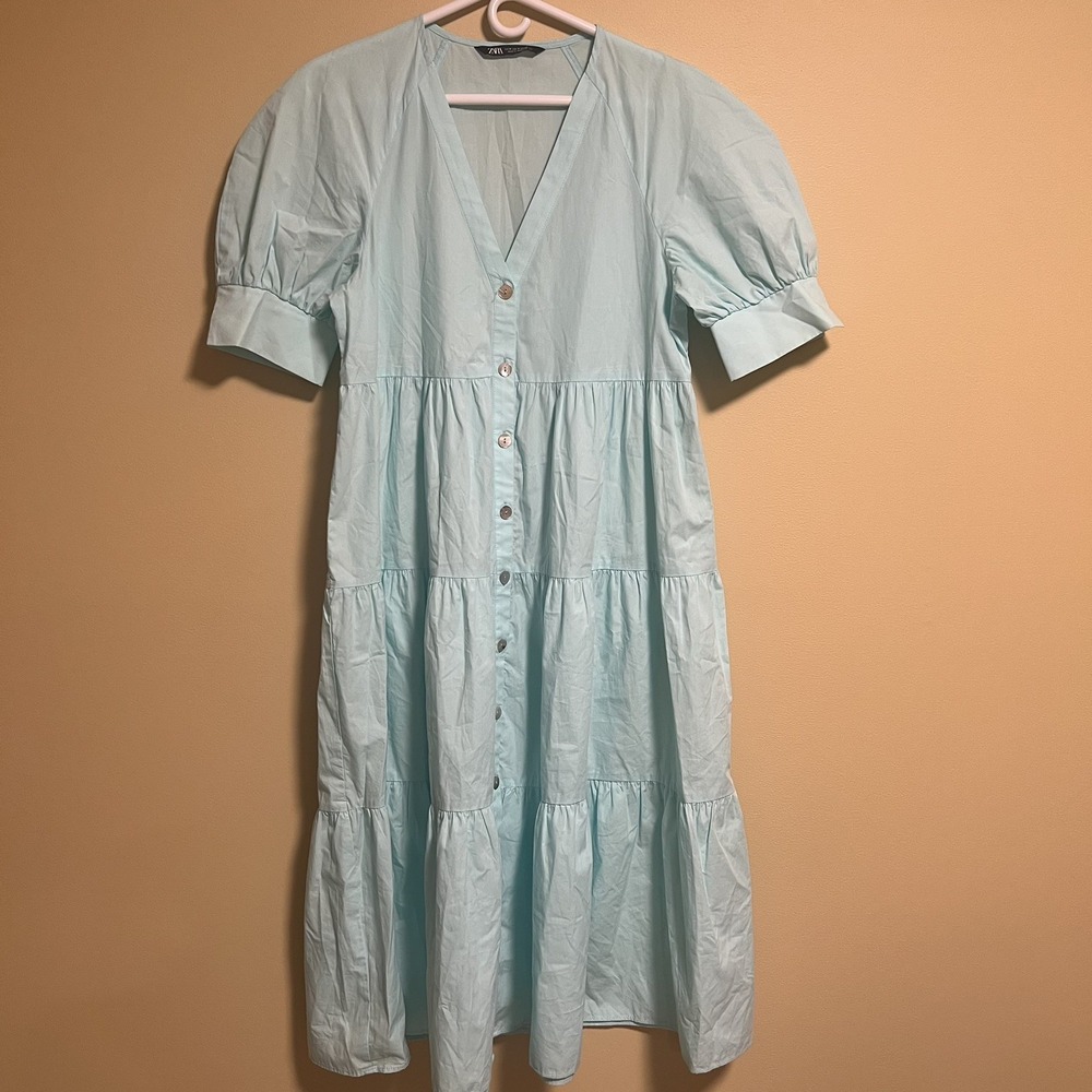 Zara Tiered Cotton Poplin Tiered Midi Dress Blue Medium Fairy Prairie Beach